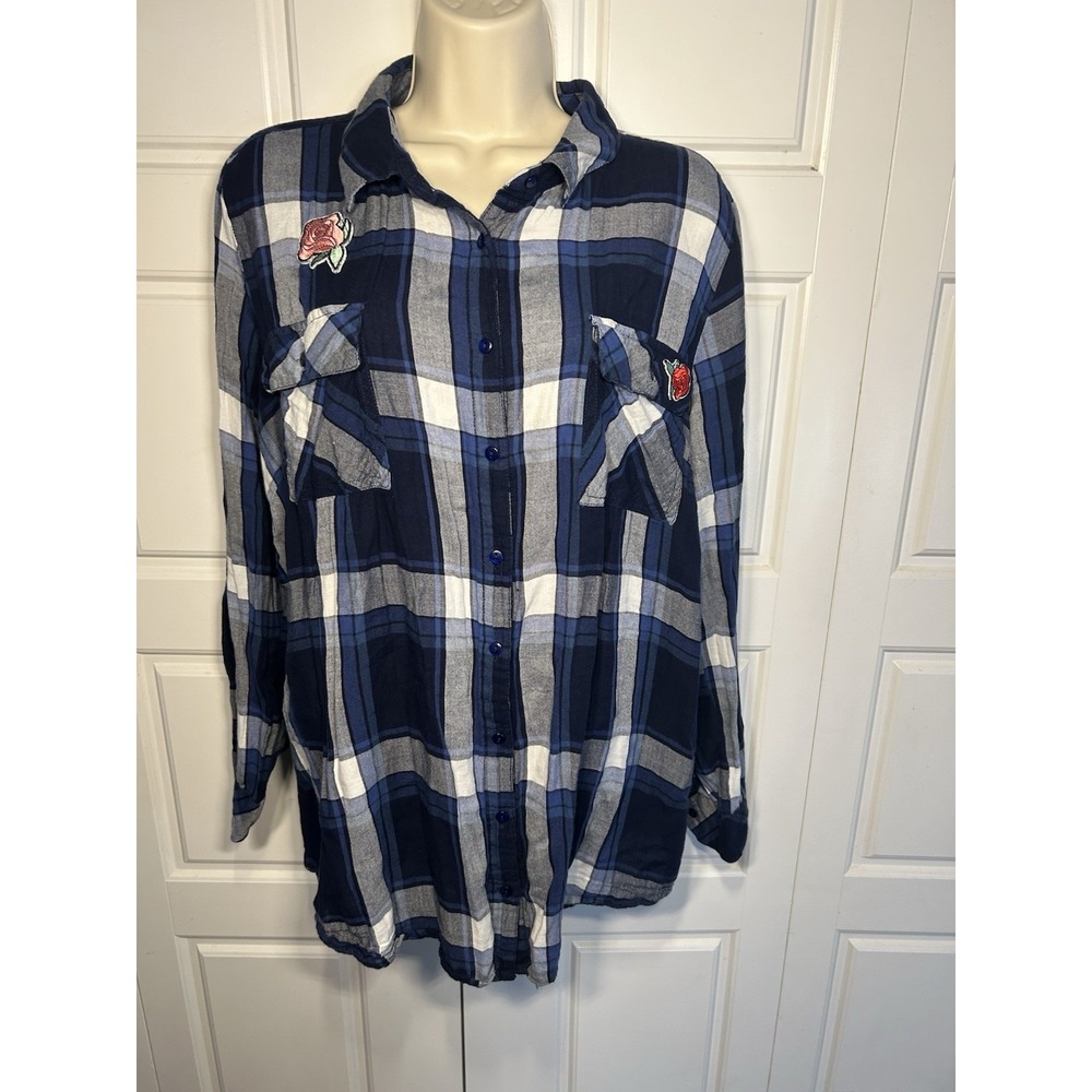 Live 4 Truth Women's 2X Navy Plaid Rose Floral Embroidered Button Down Top